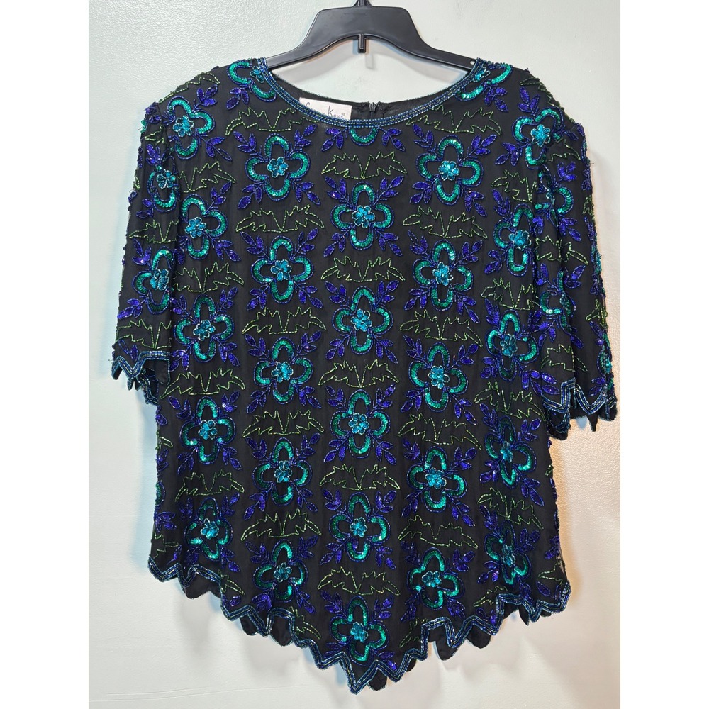 Laurence Kazar 2X Silk Beaded Sequin‎ Top VTG Plus Size Floral Blue Green Black